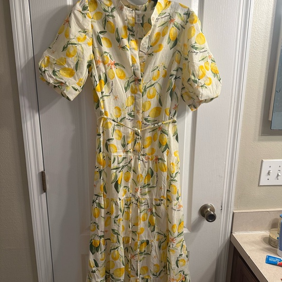 H&M Lemon Floral Maxi Dress — 100% Cotton, Romantic Puff Sleeve Dress - Picture 3 of 7